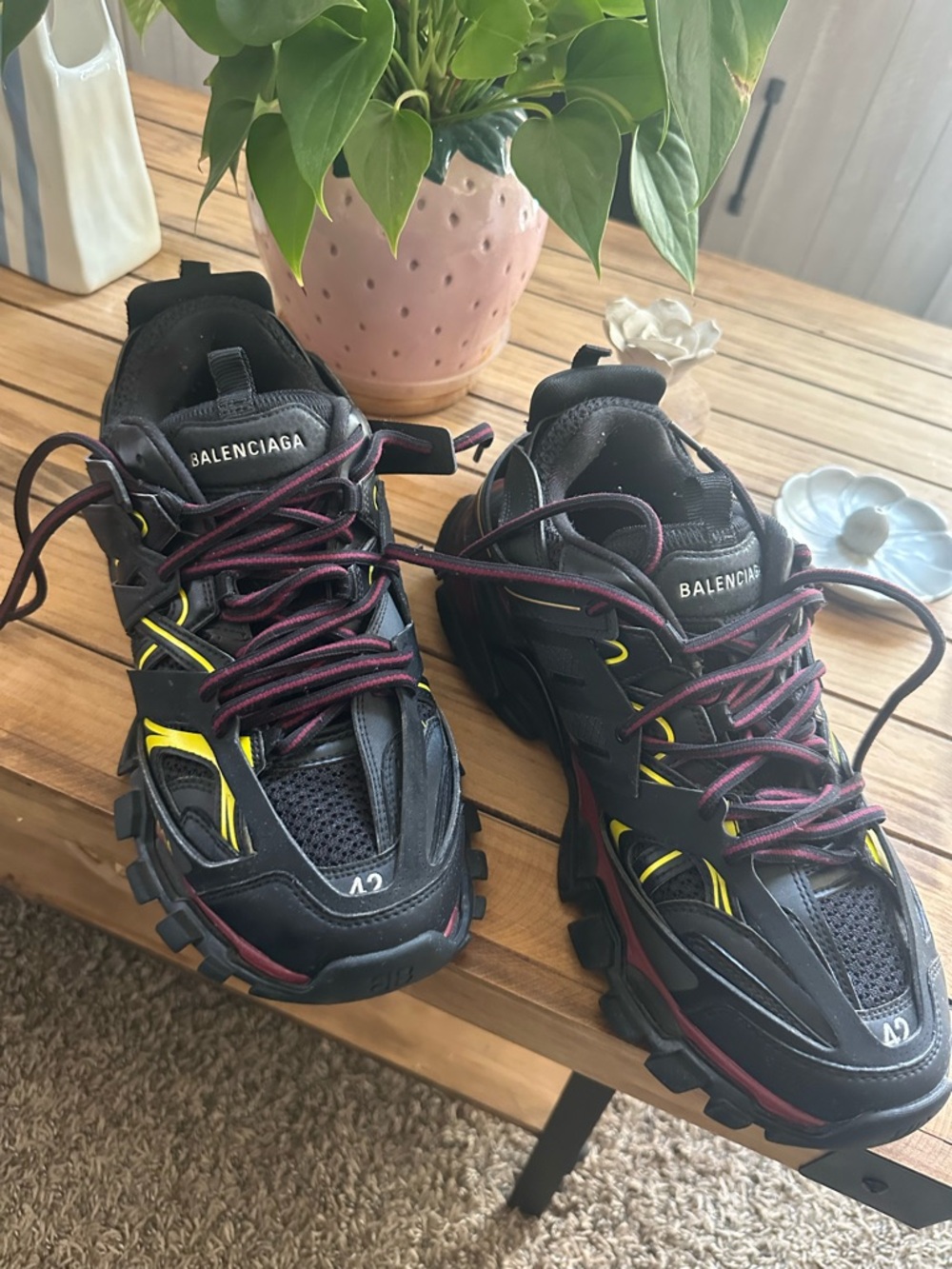 Balenciaga Black Track Sneakers with Yellow & Burgundy Details